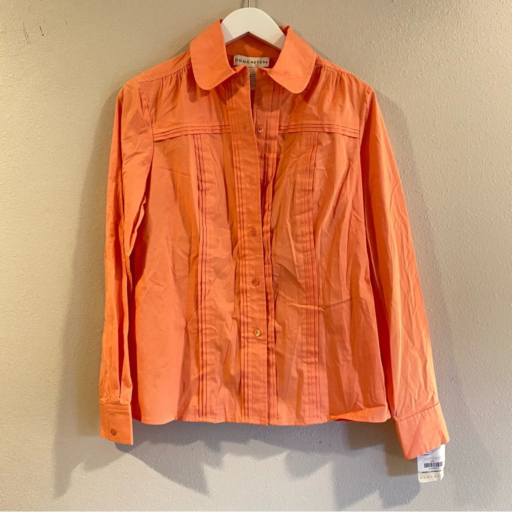 Doncaster Coral Pink Pin-Tuck Pleated Blouse Stretch Cotton Size 6 Peach Pum Nwt